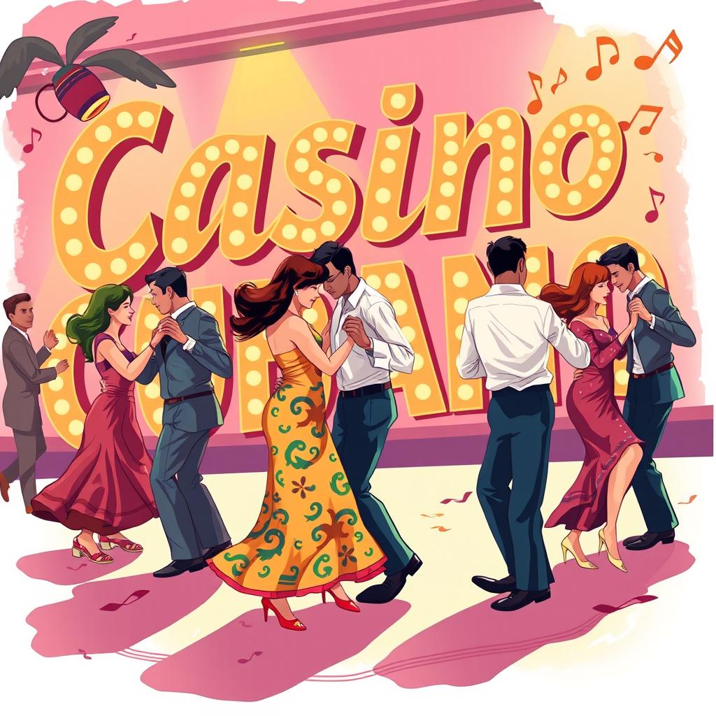 A vibrant illustration featuring the words 'Casino Cubano' artistically integrated into the background
