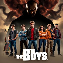 A movie poster for 'The Boys', featuring six diverse teenagers standing confidently in the foreground