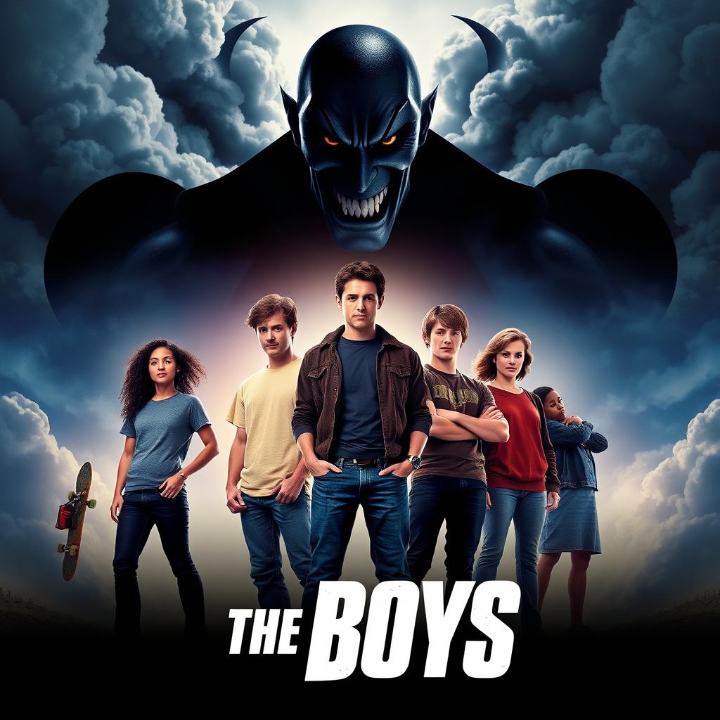 A movie poster for 'The Boys', featuring six diverse teenagers standing confidently in the foreground