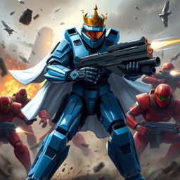 Master Chief depicted in striking blue armor, adorned with a regal flowing cape and a golden crown, actively battling a group of red Spartans