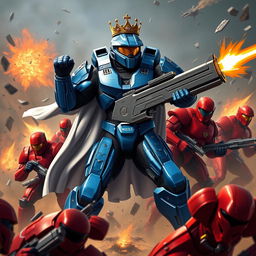 Master Chief depicted in striking blue armor, adorned with a regal flowing cape and a golden crown, actively battling a group of red Spartans