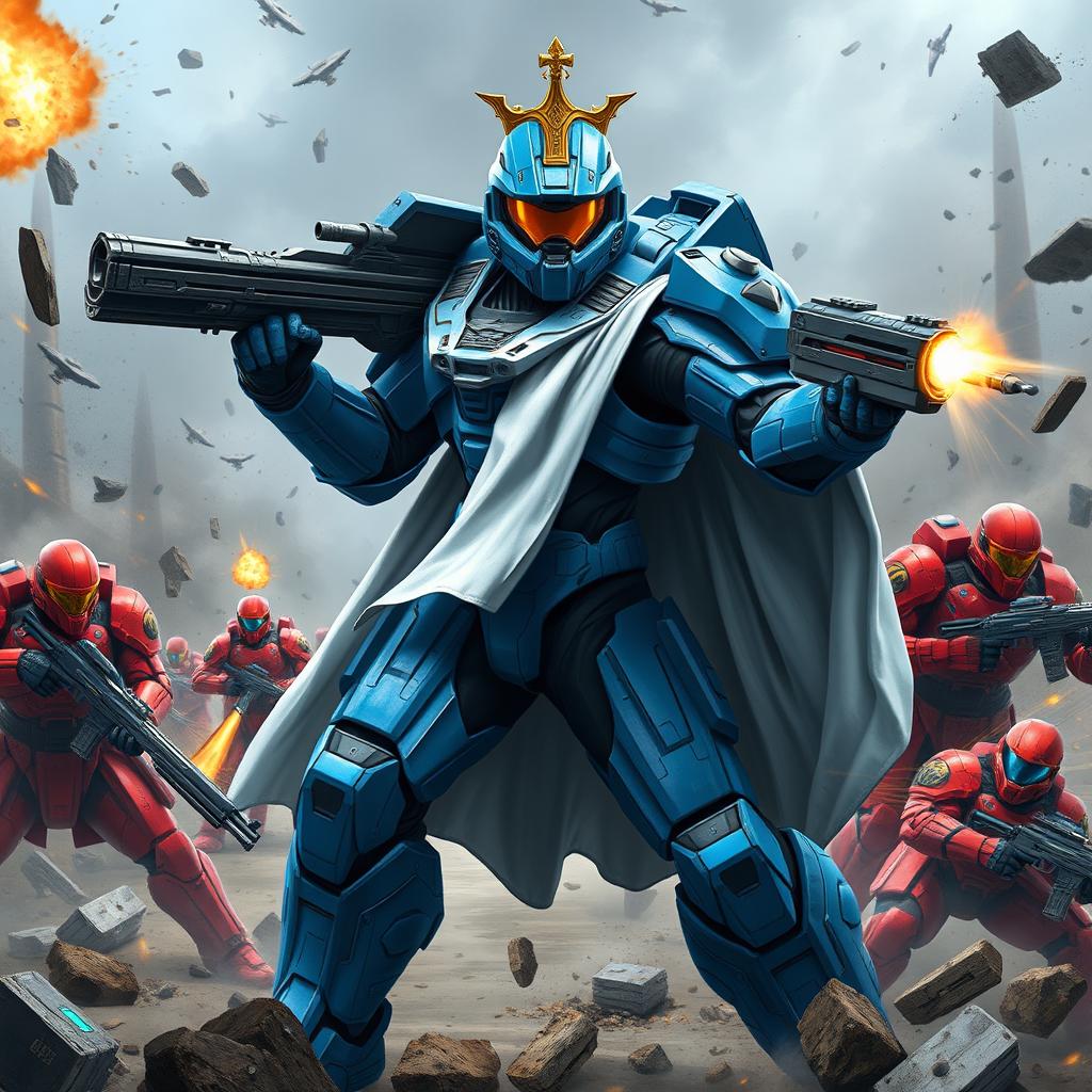 Master Chief depicted in striking blue armor, adorned with a regal flowing cape and a golden crown, actively battling a group of red Spartans