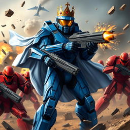 Master Chief depicted in striking blue armor, adorned with a regal flowing cape and a golden crown, actively battling a group of red Spartans