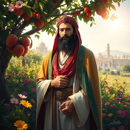 A dramatic and artistic interpretation of Prophet Yusuf, depicted in traditional Middle Eastern attire, standing majestically with a colorful cape and a jeweled headdress