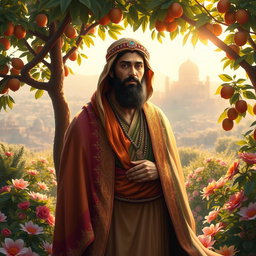 A dramatic and artistic interpretation of Prophet Yusuf, depicted in traditional Middle Eastern attire, standing majestically with a colorful cape and a jeweled headdress