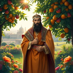 A dramatic and artistic interpretation of Prophet Yusuf, depicted in traditional Middle Eastern attire, standing majestically with a colorful cape and a jeweled headdress