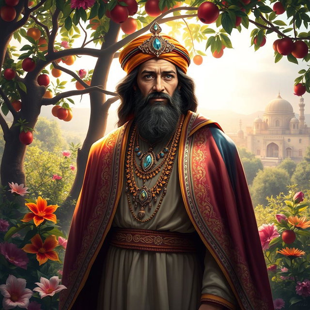 A dramatic and artistic interpretation of Prophet Yusuf, depicted in traditional Middle Eastern attire, standing majestically with a colorful cape and a jeweled headdress