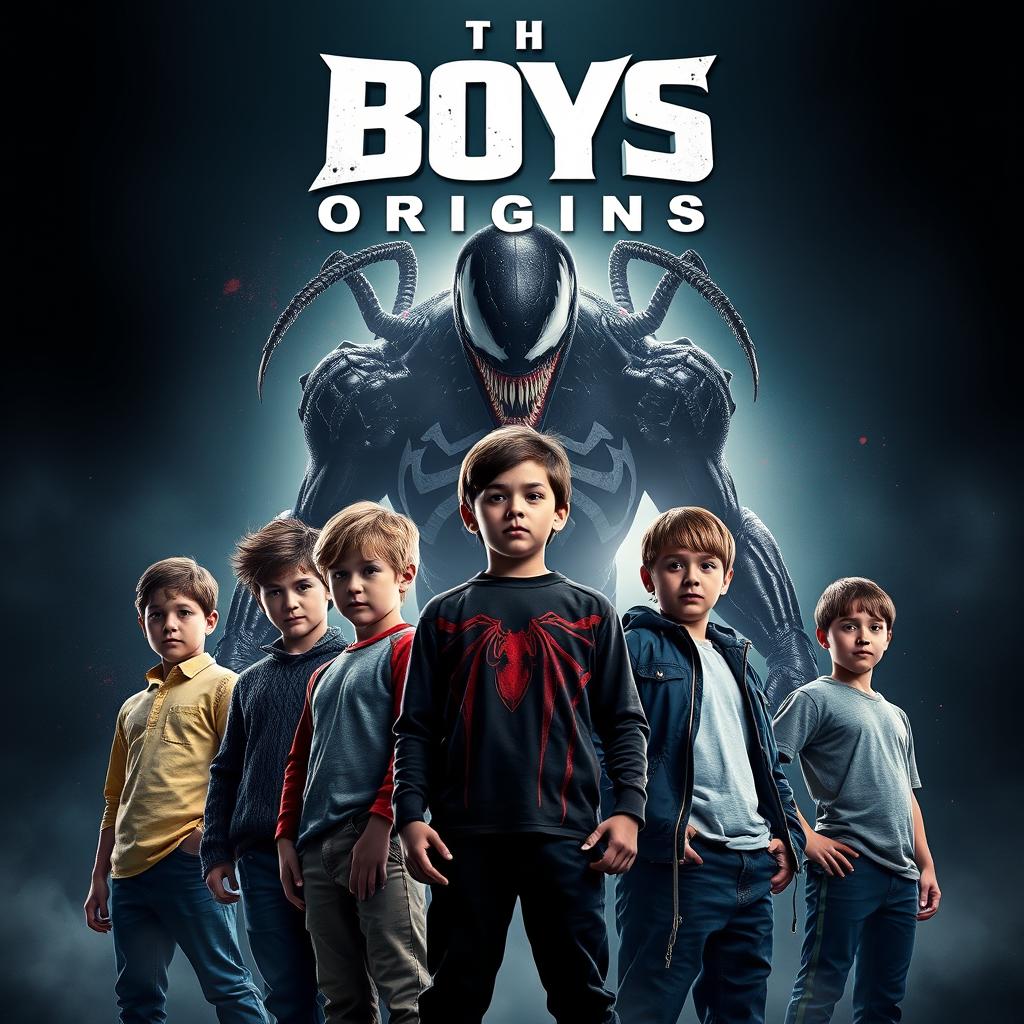 A movie poster featuring six boys standing in front of Carnage from Venom, who looms menacingly as the villain