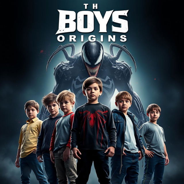 A movie poster featuring six boys standing in front of Carnage from Venom, who looms menacingly as the villain