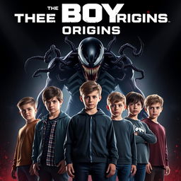 A movie poster featuring six boys standing in front of Carnage from Venom, who looms menacingly as the villain