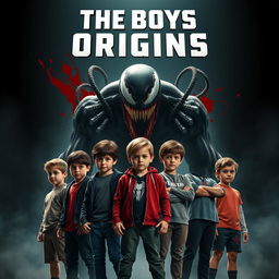A movie poster featuring six boys standing in front of Carnage from Venom, who looms menacingly as the villain