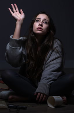 A young woman with long, flowing brown hair, sitting on the floor of a dimly lit room, tears streaming down her cheeks