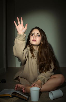 A young woman with long, flowing brown hair, sitting on the floor of a dimly lit room, tears streaming down her cheeks
