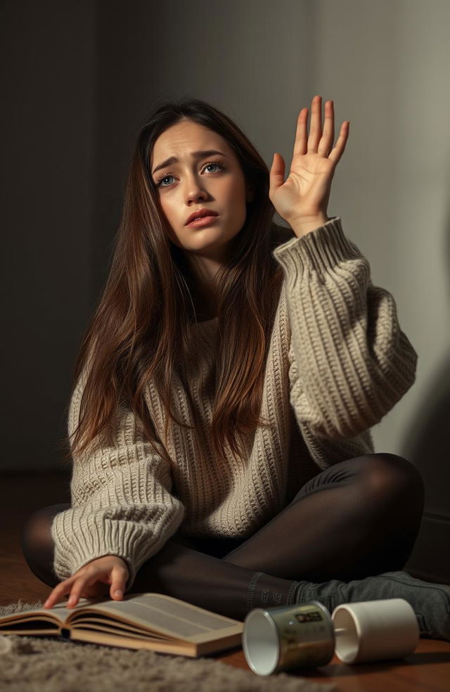 A young woman with long, flowing brown hair, sitting on the floor of a dimly lit room, tears streaming down her cheeks