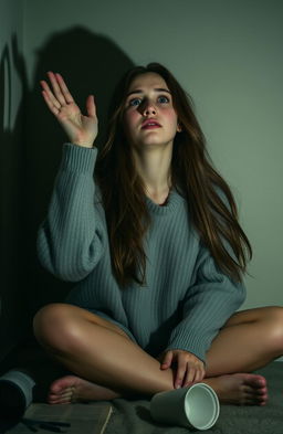 A young woman with long, flowing brown hair, sitting on the floor of a dimly lit room, tears streaming down her cheeks