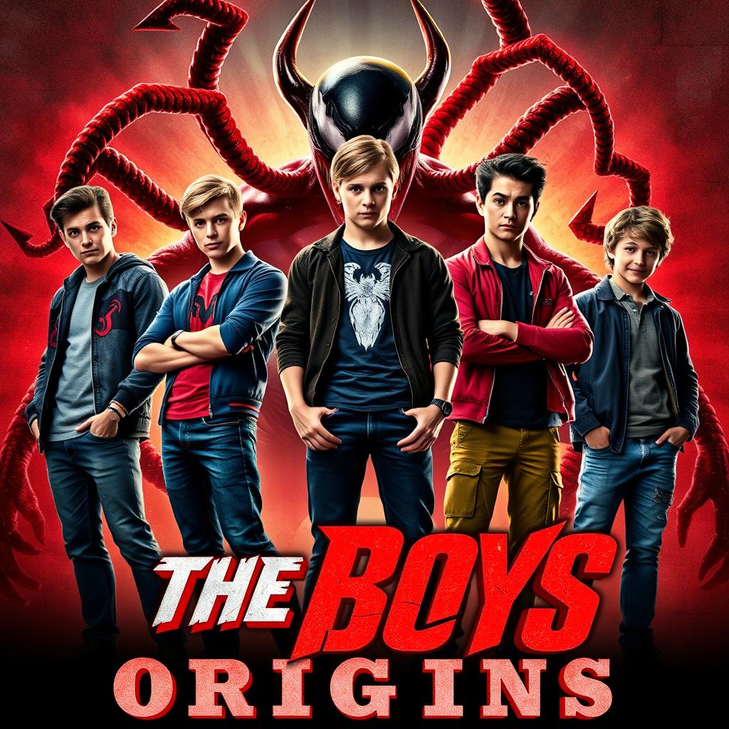 A movie poster showcasing six teenage boys, all uniquely styled and energetic, standing confidently in the foreground