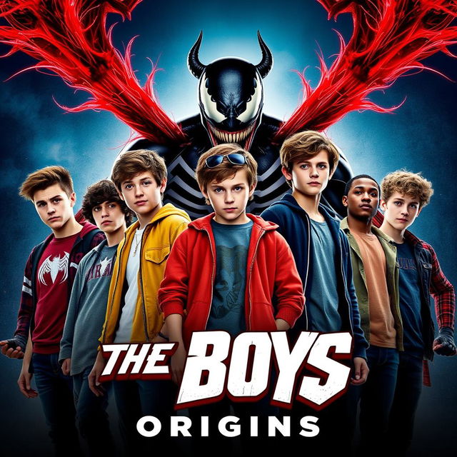 A movie poster showcasing six teenage boys, all uniquely styled and energetic, standing confidently in the foreground