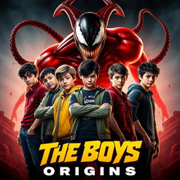 A movie poster showcasing six teenage boys, all uniquely styled and energetic, standing confidently in the foreground