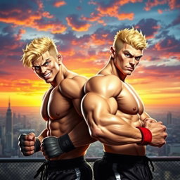 Two blonde male fighter twins in a dynamic pose, showcasing their muscular build and athletic attire