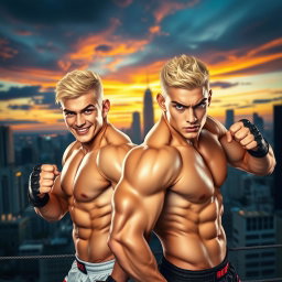 Two blonde male fighter twins in a dynamic pose, showcasing their muscular build and athletic attire