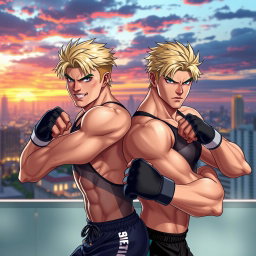 Two blonde male fighter twins in a dynamic pose, showcasing their muscular build and athletic attire