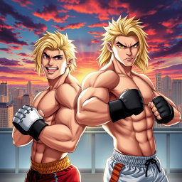 Two blonde male fighter twins in a dynamic pose, showcasing their muscular build and athletic attire