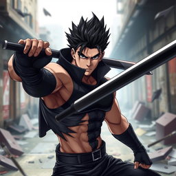 A dynamic portrait of Toji Fushiguro, a character with spiky black hair and sharp features, wielding a weapon confidently