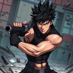 A dynamic portrait of Toji Fushiguro, a character with spiky black hair and sharp features, wielding a weapon confidently