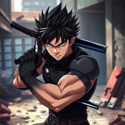 A dynamic portrait of Toji Fushiguro, a character with spiky black hair and sharp features, wielding a weapon confidently