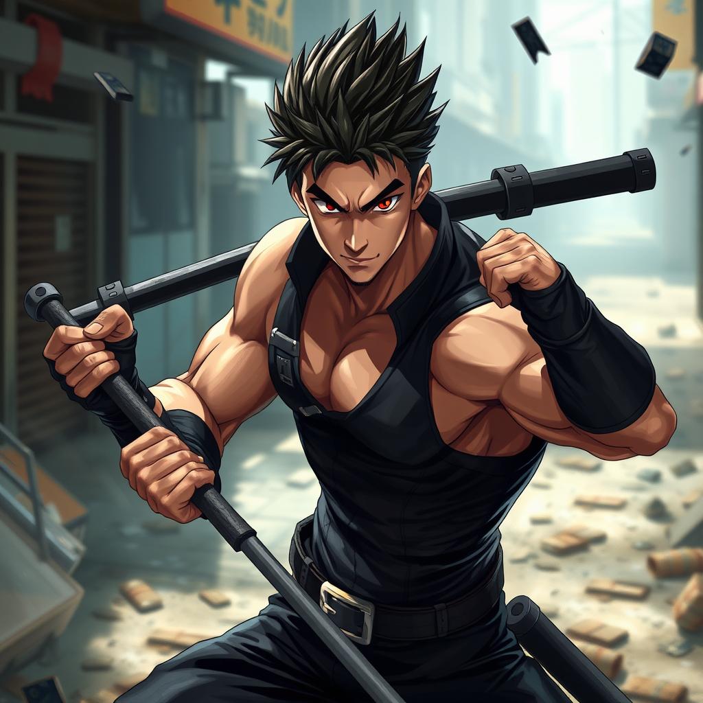 A dynamic portrait of Toji Fushiguro, a character with spiky black hair and sharp features, wielding a weapon confidently