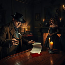 A captivating murder mystery scene set in a dimly lit Victorian mansion, with ornate decor and shadowy corners