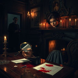 A captivating murder mystery scene set in a dimly lit Victorian mansion, with ornate decor and shadowy corners