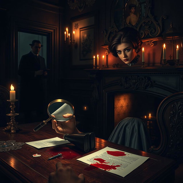A captivating murder mystery scene set in a dimly lit Victorian mansion, with ornate decor and shadowy corners