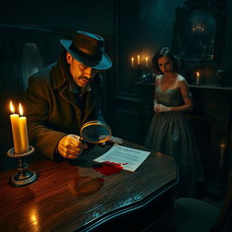 A captivating murder mystery scene set in a dimly lit Victorian mansion, with ornate decor and shadowy corners