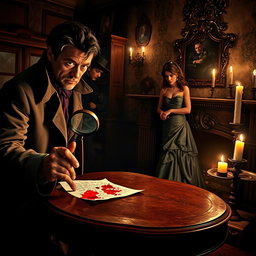 A captivating murder mystery scene set in a dimly lit Victorian mansion, with ornate decor and shadowy corners