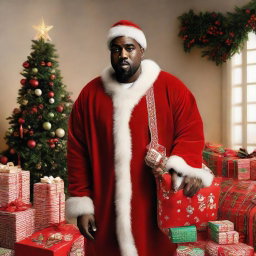 Kanye West wearing a classic Santa Claus outfit, smiling generously, with a large sack filled with gifts over his shoulder, standing amidst a beautifully decorated Christmas setting.
