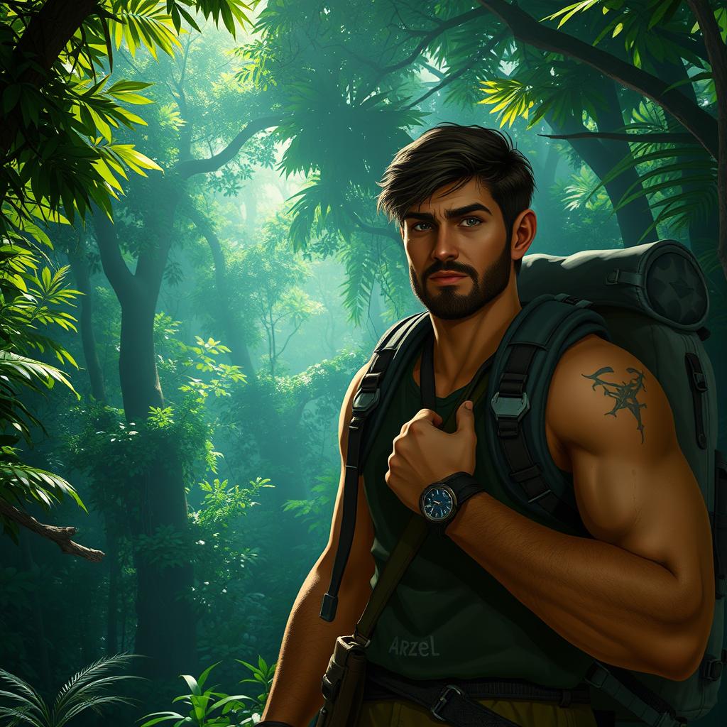 A scene depicting a lush, dense emerald forest with thick humid air, sunlight filtering through the canopy and creating a beautiful mosaic of light on the forest floor