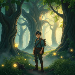 A vibrant fantasy scene depicting a mystical forest called Whispering Woods, filled with ancient, towering trees and ethereal lights