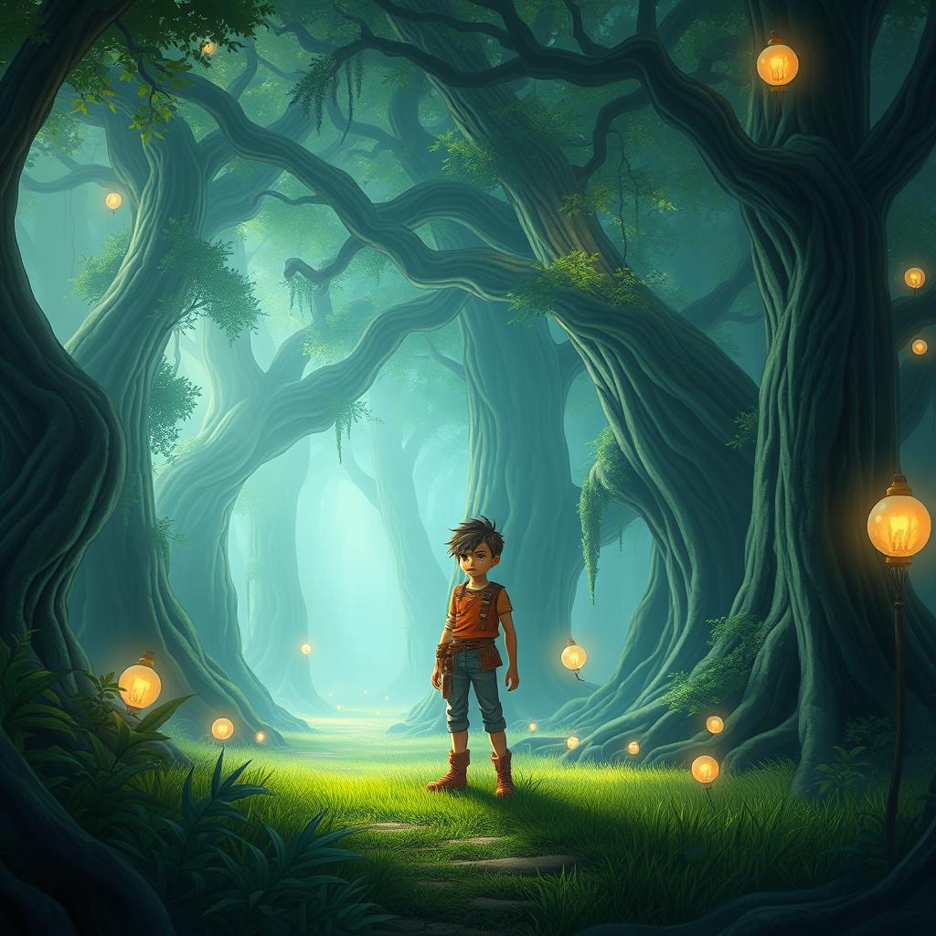 A vibrant fantasy scene depicting a mystical forest called Whispering Woods, filled with ancient, towering trees and ethereal lights