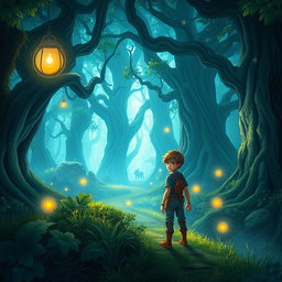 A vibrant fantasy scene depicting a mystical forest called Whispering Woods, filled with ancient, towering trees and ethereal lights