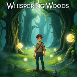 A vibrant fantasy scene depicting a mystical forest called Whispering Woods, filled with ancient, towering trees and ethereal lights