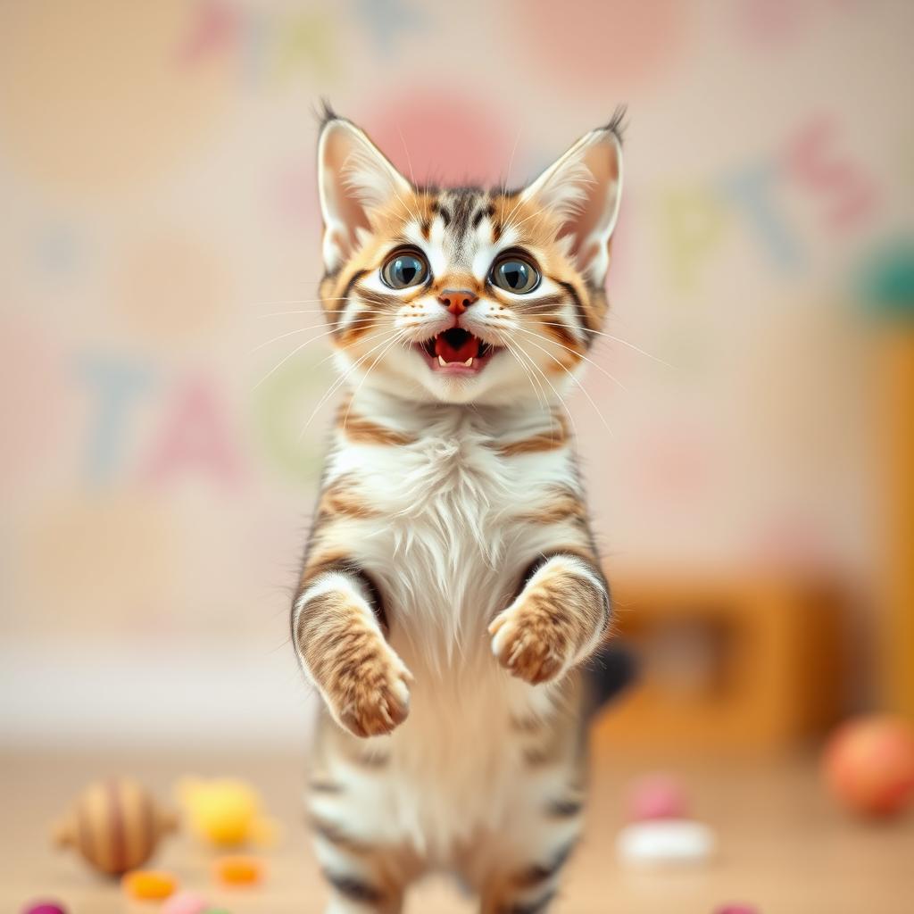 A cute wide-eyed cat standing on its hind legs, with an excited expression, as if it is about to dance