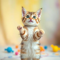 A cute wide-eyed cat standing on its hind legs, with an excited expression, as if it is about to dance