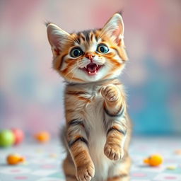 A cute wide-eyed cat standing on its hind legs, with an excited expression, as if it is about to dance
