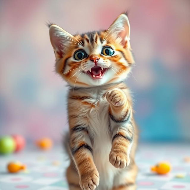 A cute wide-eyed cat standing on its hind legs, with an excited expression, as if it is about to dance