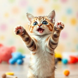 A cute wide-eyed cat standing on its hind legs, with an excited expression, as if it is about to dance