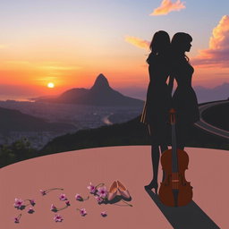 A peaceful sunset landscape of Rio de Janeiro, showcasing soft hues of orange, pink, and lavender in the sky