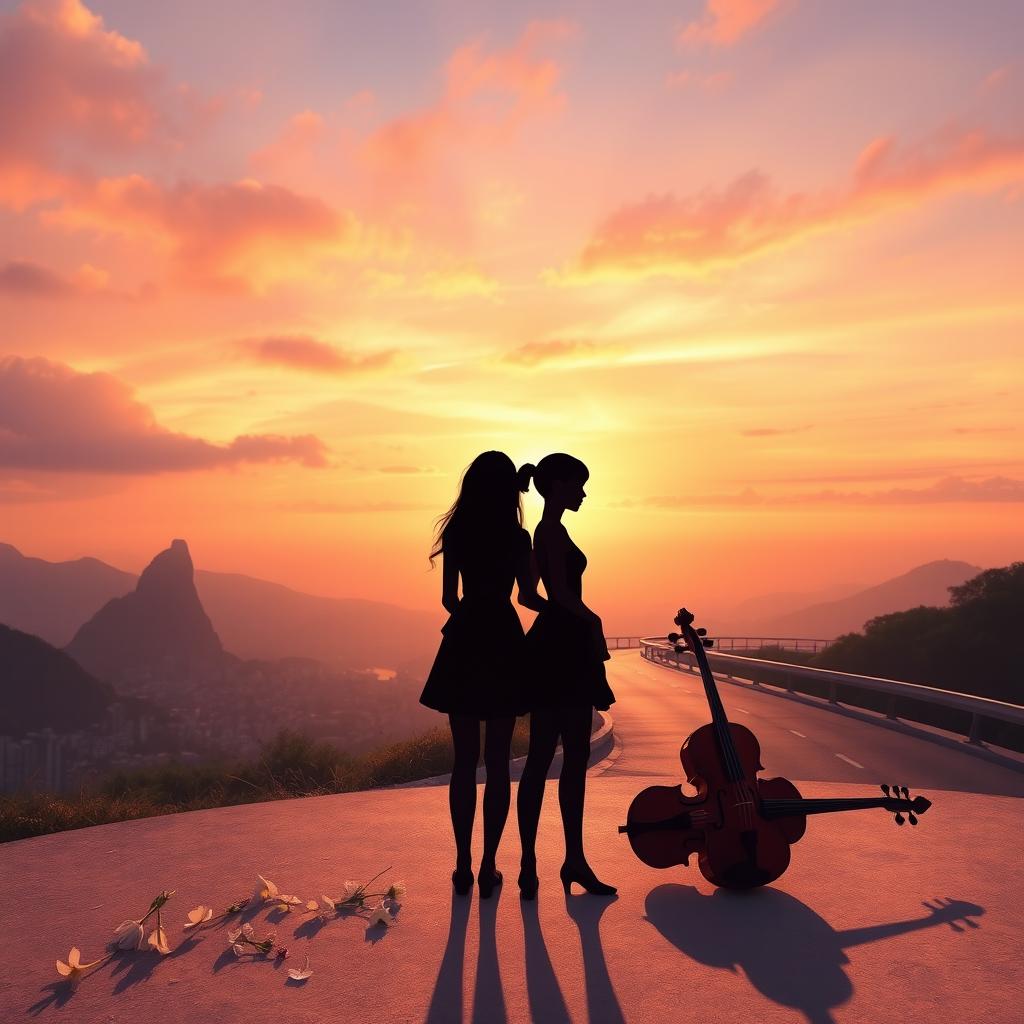 A peaceful sunset landscape of Rio de Janeiro, showcasing soft hues of orange, pink, and lavender in the sky