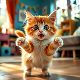 A cute, wide-eyed cat on the brink of dancing, showcasing an expressive and playful pose