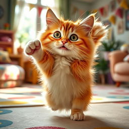 A cute, wide-eyed cat on the brink of dancing, showcasing an expressive and playful pose